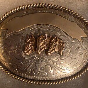 Vintage Metal Belt Buckle, Nice Brass and Silver with Three Horse Heads,  Nice